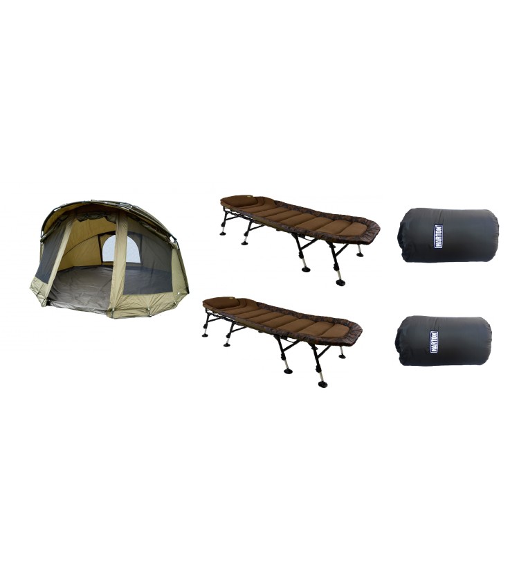Harton Bivak Koloseum + 2x Lehátko Harton Continental Camo + 2x Spací pytel Harton Basic