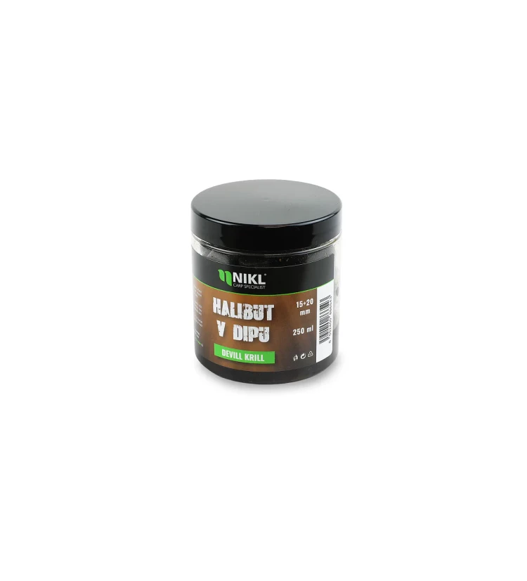 Nikl Black halibut pelety v dipu Devill Krill 15+20mm, 250ml