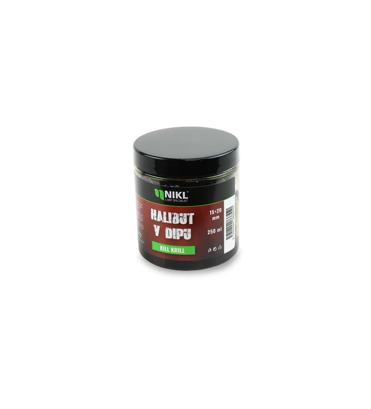 Nikl Black halibut pelety v dipu Kill Krill 15+20mm, 250ml