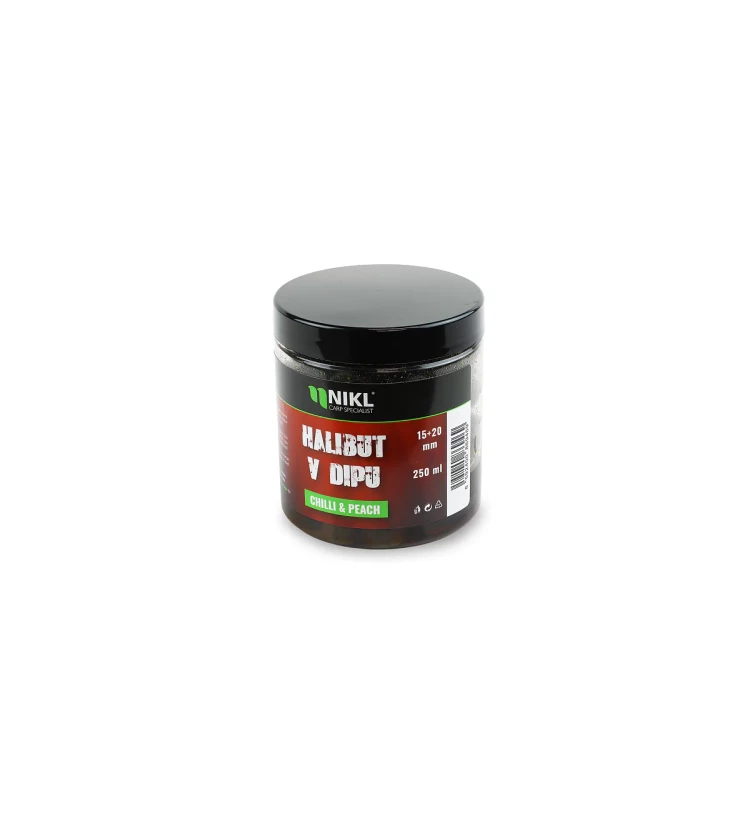 Nikl Black halibut pelety v dipu Chilli & Peach 15+20mm, 250ml