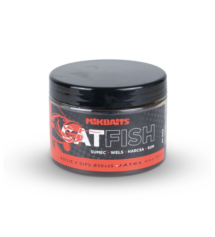 Mikbaits Catfish sumec řada - Játra Halibut 50x30mm boilie v dipu 500ml