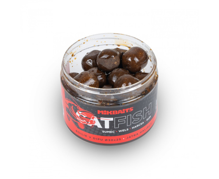 Mikbaits Catfish sumec řada - Játra Halibut 50x30mm boilie v dipu 500ml