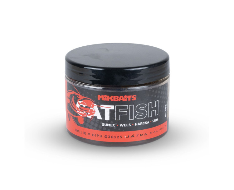 Mikbaits Catfish sumec řada - Játra Halibut 50x30mm boilie v dipu 500ml